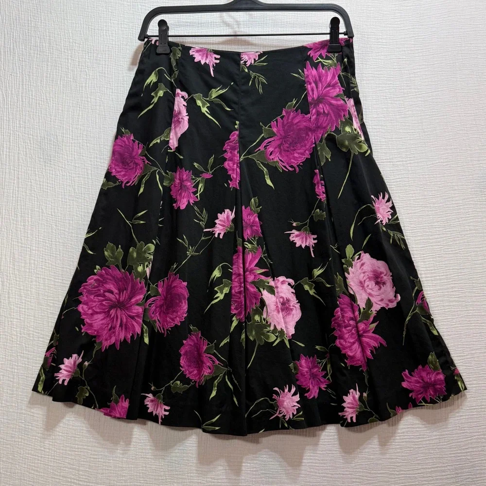 Talbots Pleated A-Line Skirt Womens 4 Black Pink Floral Knee Length Cotton Blend
